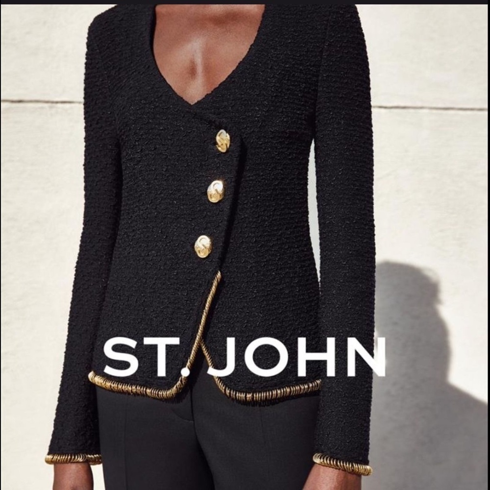 St. John Couture Black Knit Asymmetrical Button Gold Trim Blazer Jacket